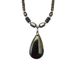 Black Hematite Teardrop Pendant  Beaded Necklace